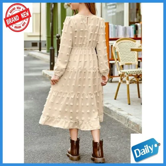 Girls Long Sleeve Maxi Dress with Pockets Polka Dot Tiered Hem 6-15Y